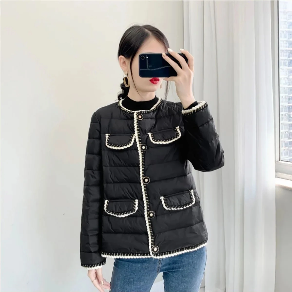 Female Autumn Winter 2022 New Padded Down Cotton Padded Jacket Slim White Black Round Neck Parkas Women