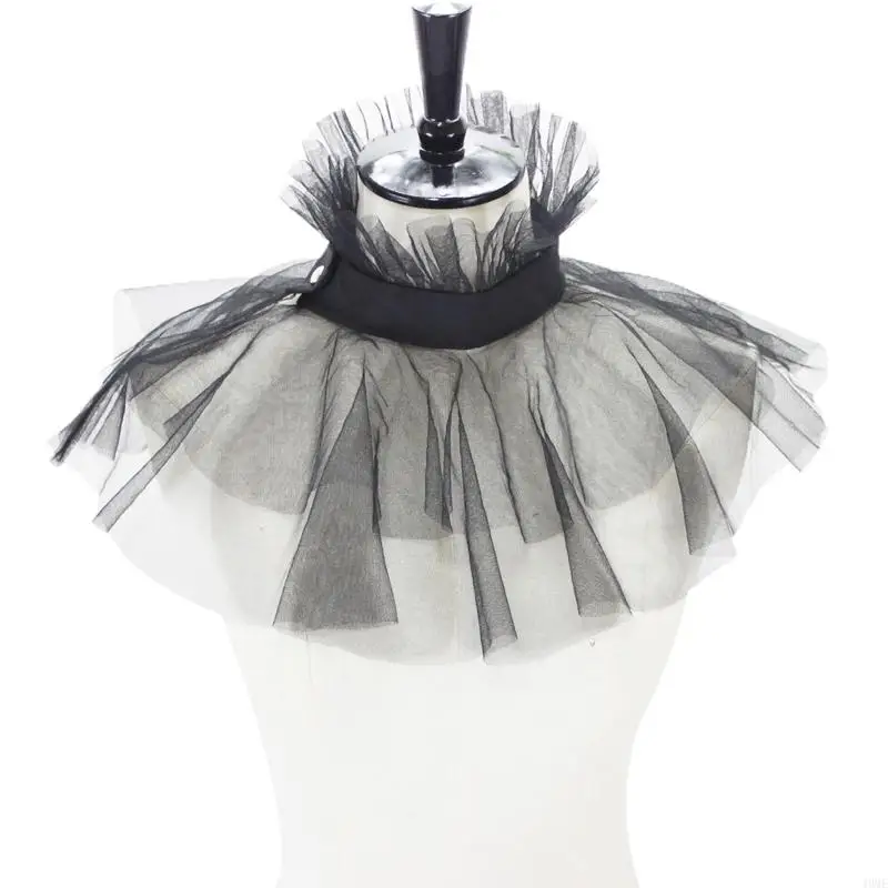 49ME Nữ Victoria Lưới Xù Lông Giả Cổ Áo Đứng Lớp Voan Nút Cổ Xù Chú Hề Choker Khăn Choàng Bọc Trang Phục Hóa Trang