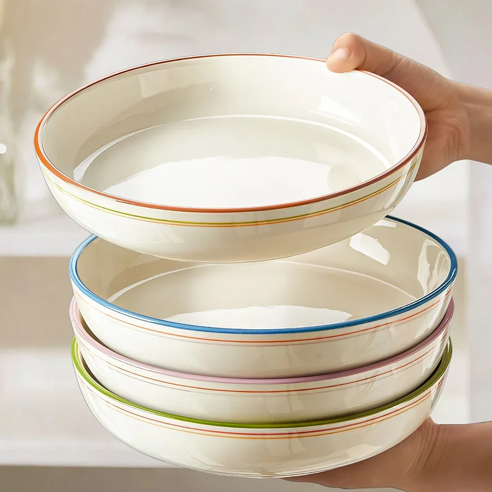Creative Ceramic Plate Korean Style Ins Contrast Color Line Round Porcelain Household Dinnerware Dessert Cake Pasta Steak Plates