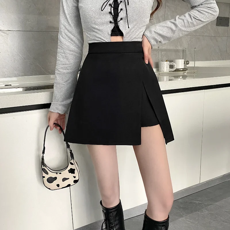 2026 Black Mini Skirt Women New Fashion Streetwear Slim Fake Two Pieces High Waist A-line Slit Skirts Woman