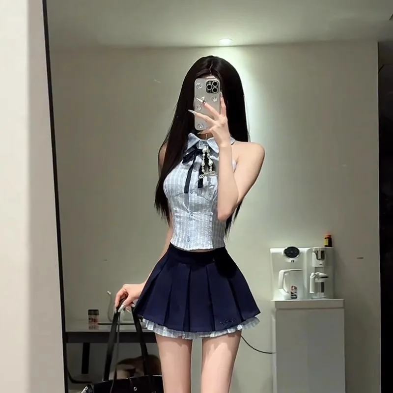 

Korean Preppy Style Suit Women's Summer Halter Neck Vest High Waist Pleated A-line Skirt Two-piece Set Fashion Female Clothes