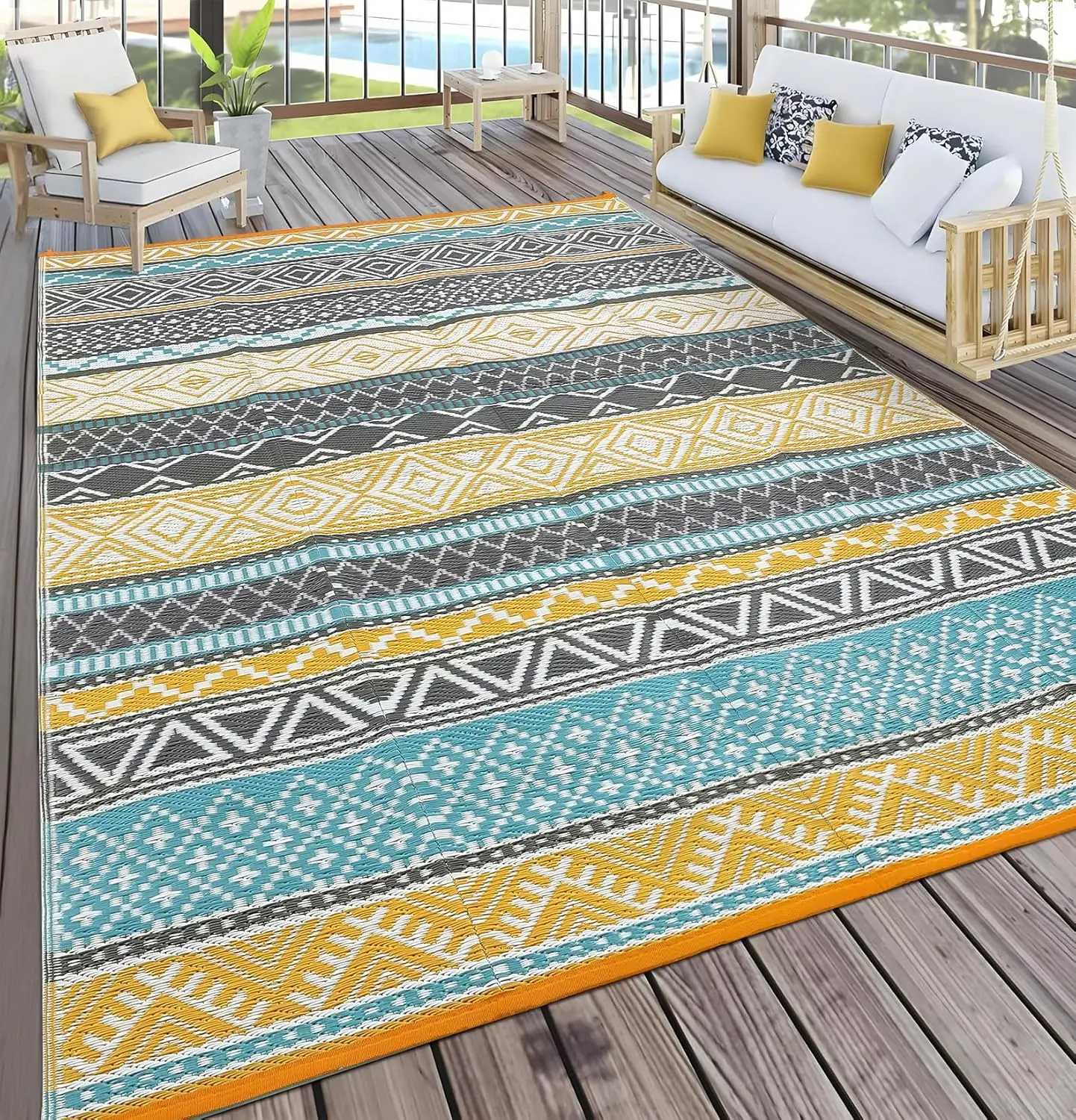 9' X 12' Reversible Bohemian PP Woven Outdoor Rug – UV Resistant, Waterproof Plastic Tube Mat, Portable Lightweight Carpet for Patio, Deck, RV, Camping, Balcony, Porch – Yellow & Multicolor