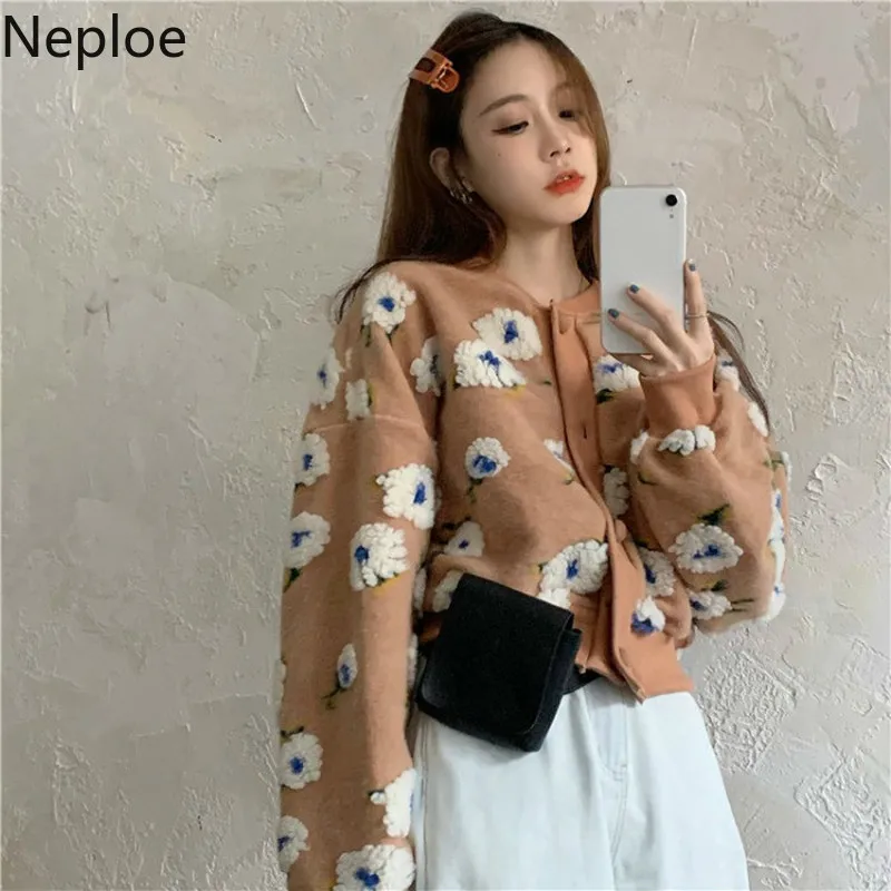 Neploe Flower Jackets for Women Crop Coat Winter Clothes Woman Ropa Mujer Long Sleeve Jacket Korean Fashion Embroidery Coats