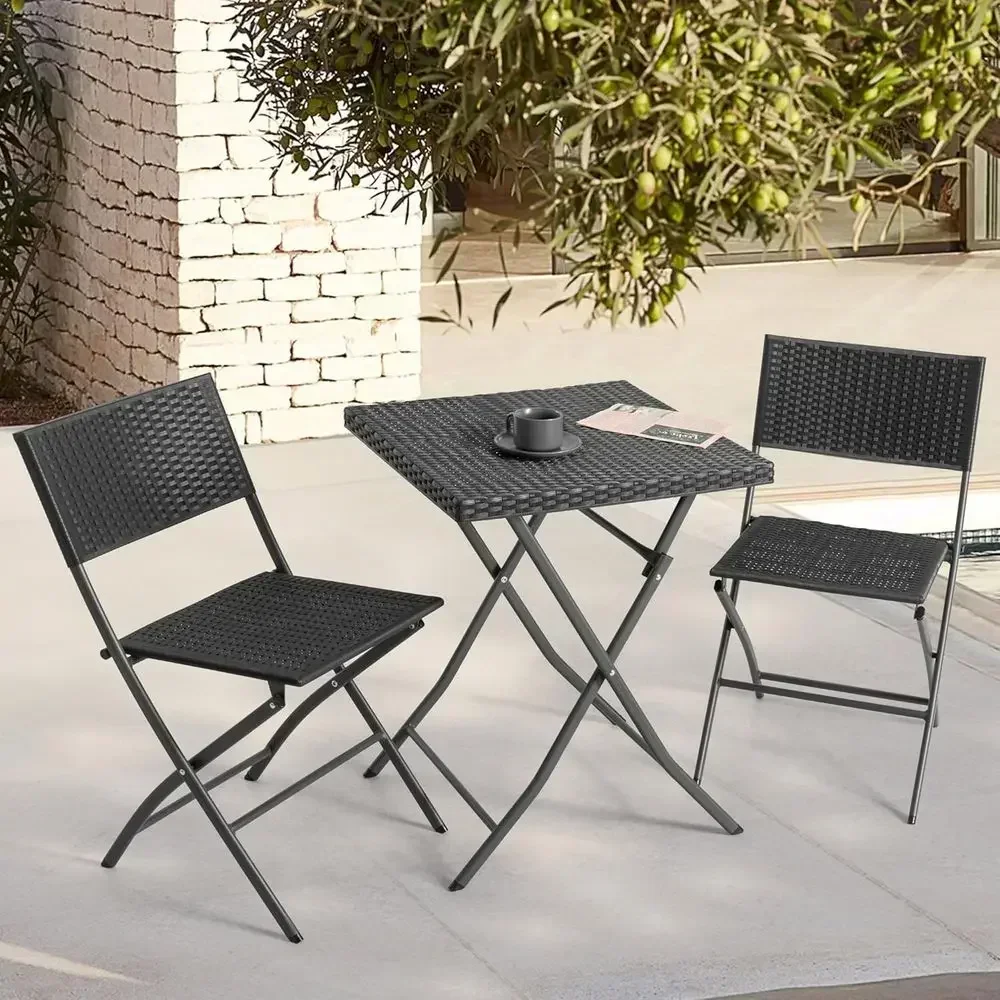 3-Piece Outdoor Bistro Set with Weather-Resistant Rattan, Small Patio Table and Chairs, Black