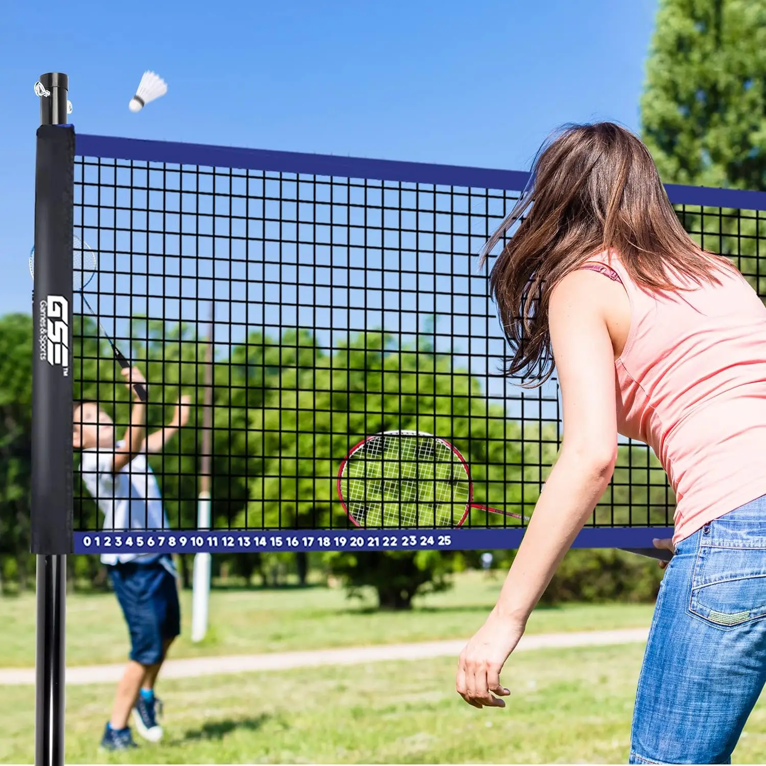 Outdoor Volleyball & Badminton Combo Set with Net, Poles, Racquets for Backyard, Park, Beach Fun