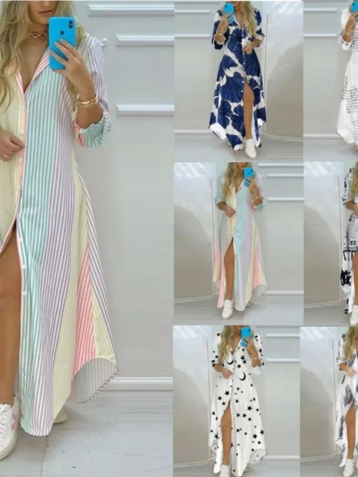 Street Sle Printed Long Sve Split irt Dr Women's Summer Faion Floral Print Casual Loose Waist Design Long Dr