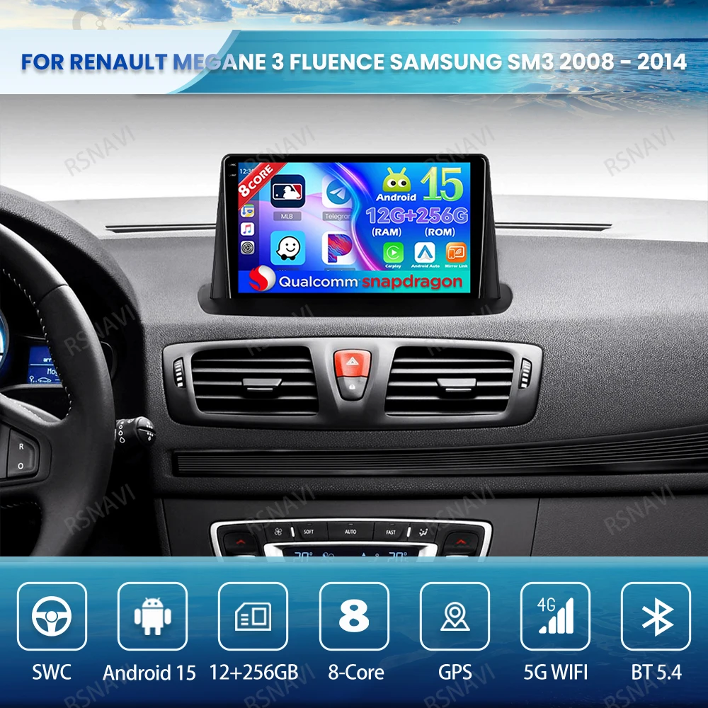 

Android 15 Car Radio For Renault Megane 3 Fluence Samsung SM3 DSP BT Stereo Qualcomm Autoradio Viedo Player Head Unit GPS 4G LTE