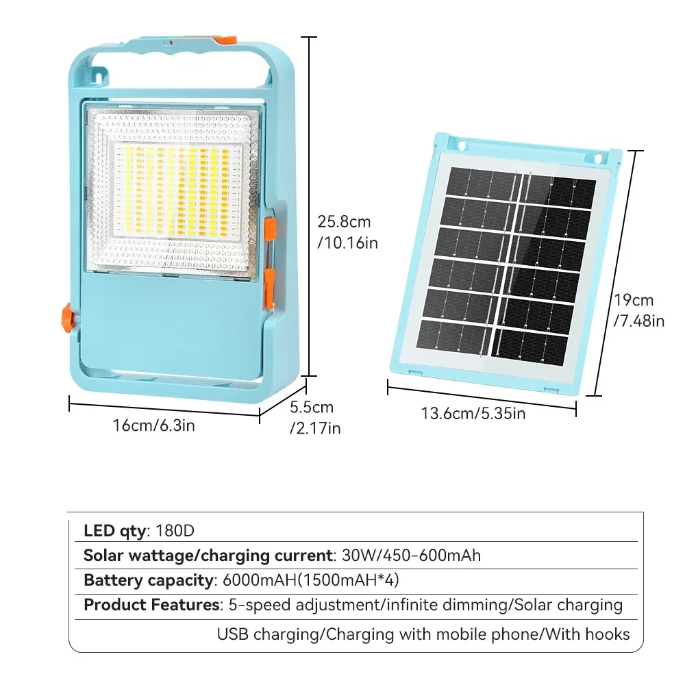 LED Solar Charging Floodlight 150W Portable Camping Handheld Light Outdoor Tent Hanging Hook Lamp Dimmable Outside Lighting Tool