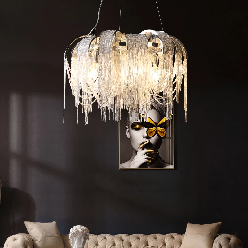 Chain tassel living room chandelier/modern engineering lamp/hotel villa luxury chandeliers/E14  Gift bulbs