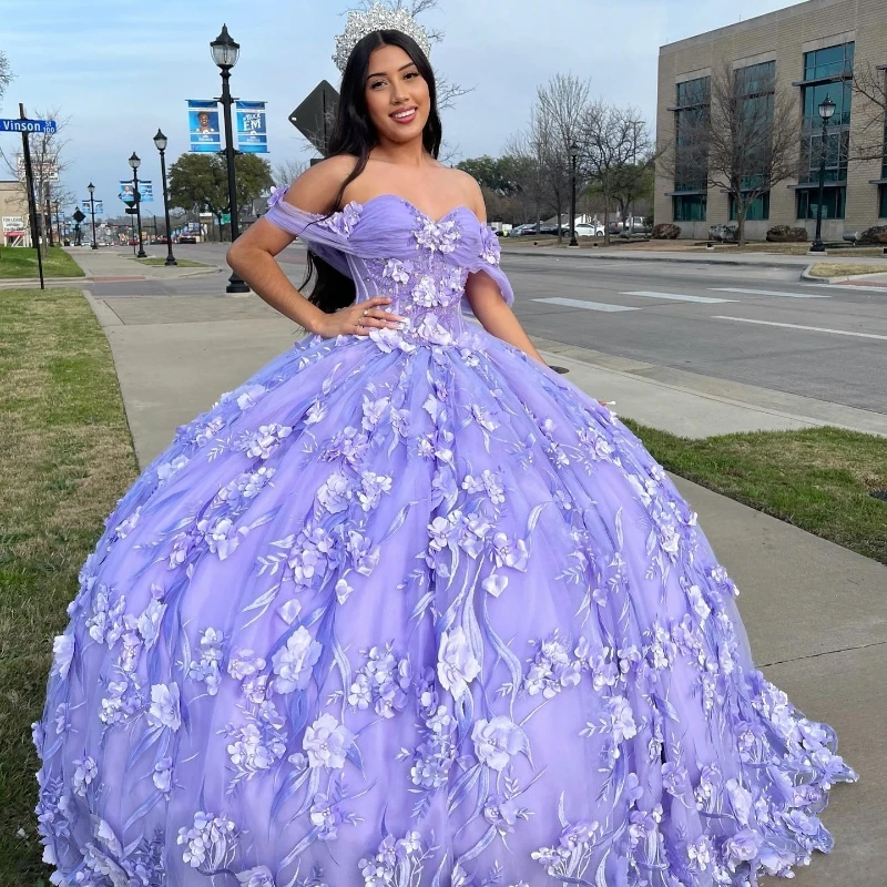 

Lavender Princess 3D Flowers Sweetheart Quinceanera Dresses Ball Gown Beaded Lace Tulle Prom Dress Puffy Sweet 15 16 Gown