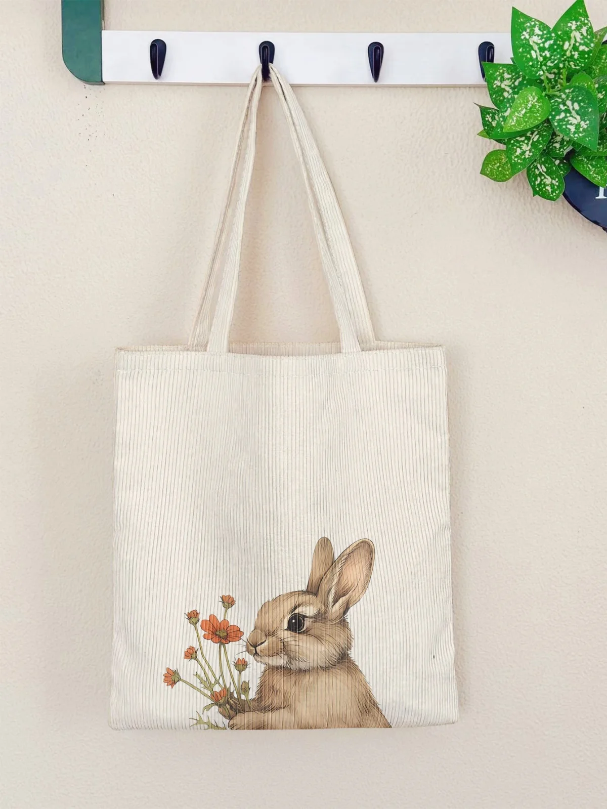 Sac fourre-tout en velours côtelé avec imprimé de fleurs orange, adapté aux trajets quotidiens et aux courses, pratique pour transporter tous les essentiels