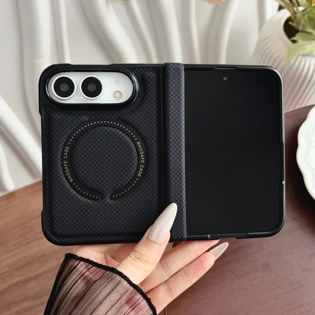 Business Luxury Leather Magnetic Wireless Charging Bumper Phone Case for IPhone Ultra Fold Hinge Protection for Magsafe Cover view 4