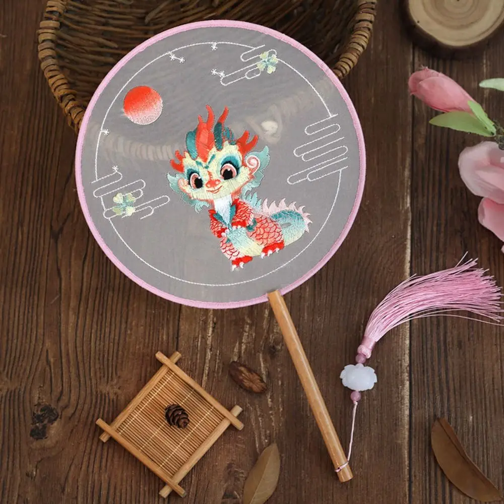 Creative Embroidered Silk Fan Cute Panda Chinese Style Embroidery Round Fan with Tassels Double-sided