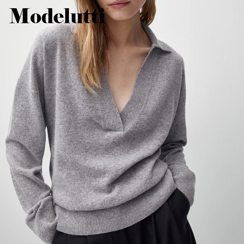 

Spring 2023 New Autumn Wool Sweater Fashion Knit Polo Shirt V-Neck Solid Color Simple Casual Temperament Top Women