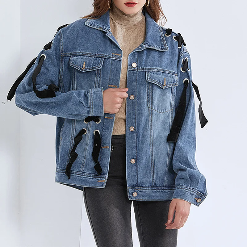 

Coat Women Jacket Fashion Personality Lace Cross Strap Denim Jacket Bow Wash Loose Jacket 2022 New