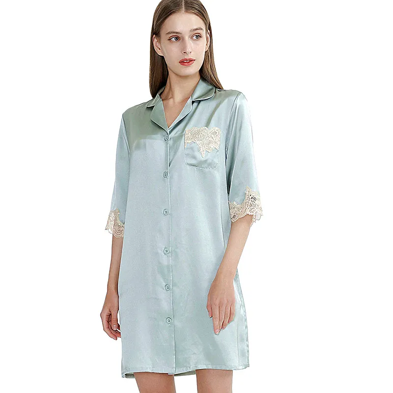 High Quality Real Silk Shirt Dress Casual Home Wear Loose Sexy Women's Nightdress Solid Color Half Sleeve Lace Sleepwear