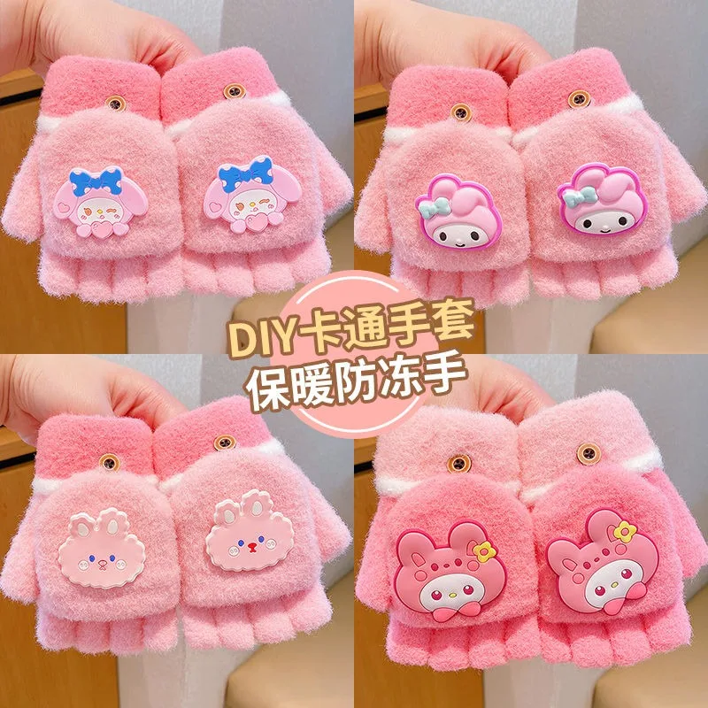 

Sanrio Kawaii Anime Kuromi My Melody Children Gloves Girl Heart Cute Cartoon Cinnamoroll Warm Winter Flap Half Finger Gloves Toy