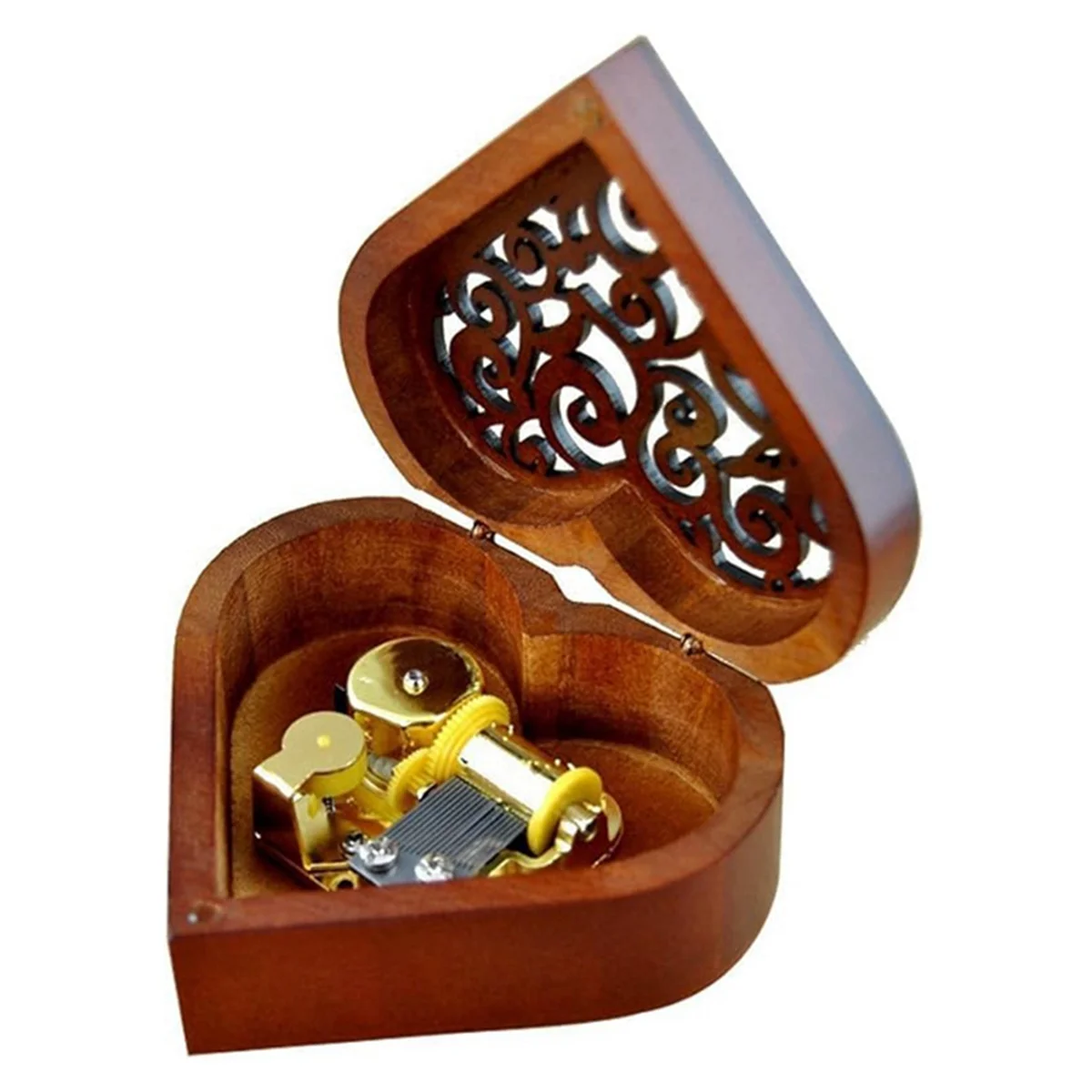 E-Heart Shape Vintage Wood Carved Mechanism Musical Box Wind Up Music Box, Christmas/Birthday/Valentine's Day