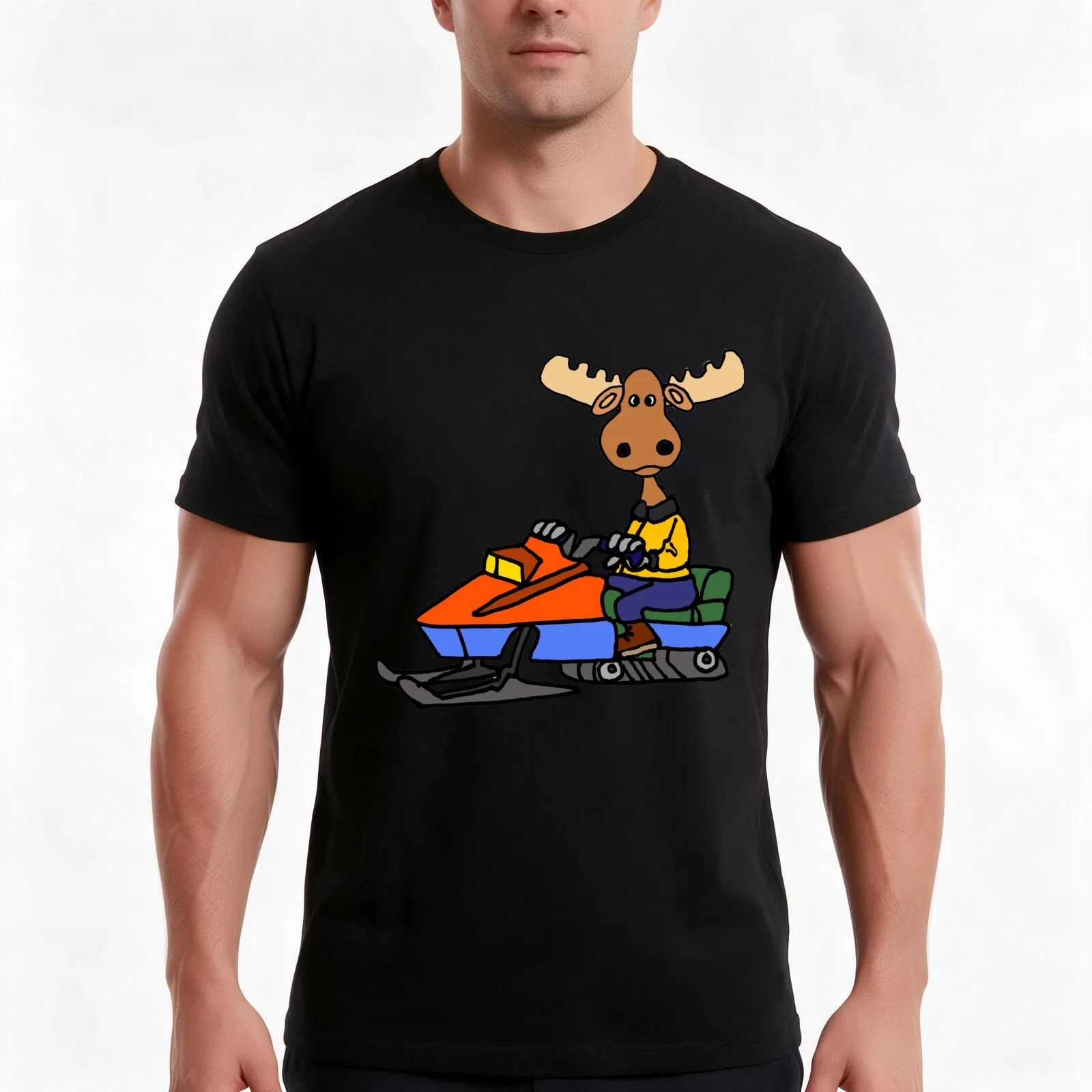 Funny Moose Riding Snowmobile Cartoon T-Shirt, Summer Casual Cotton Tee, Oversized Streetwear Tops, Vintage Graphic Print