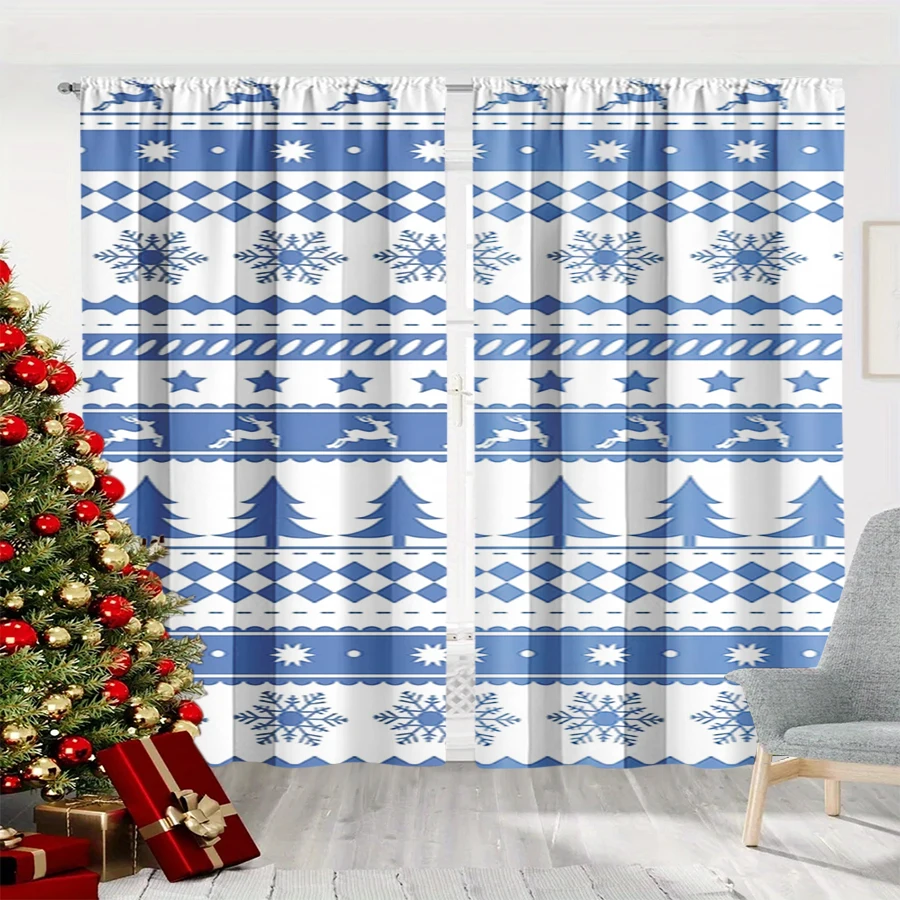 2PCS Christmas Winter Curtains, Blue White Knit Reindeer Snowflake Star Tree, Digital Print, Bedroom Living Room, Home Decor