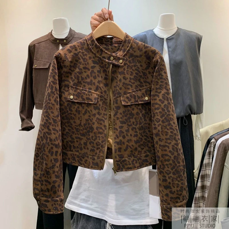 Y2K Leopard Cropped Jacket Women Hottie Streetwear Harajuku Vintage Coats Stand Collar Long Sleeve High Street Short Outwear New