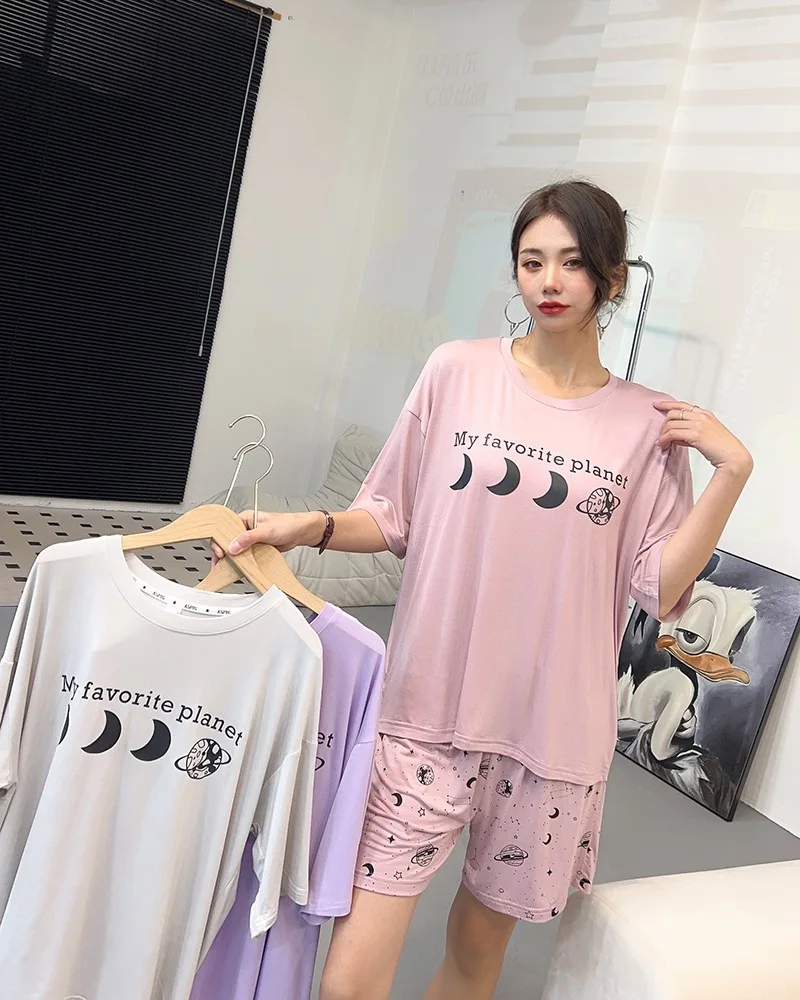 

Пижама женская летняя новинка из модала тонкие шорты с коротким рукавом женская летняя повседневная Милая Свободная Домашняя одежда со звездным небом женская с круглым вырезом