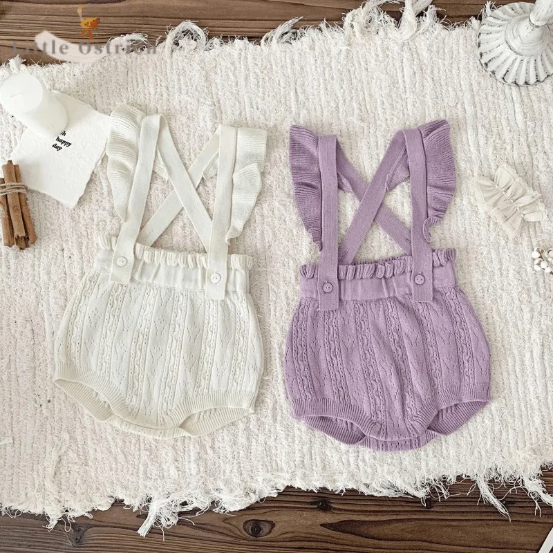 

Newborn Baby Girl Cotton Flying Sleeve Suspender Romper Infant Toddler Solid Knitted Ruffle Jumpsuit Spring Autumn Clothes 9M-3T