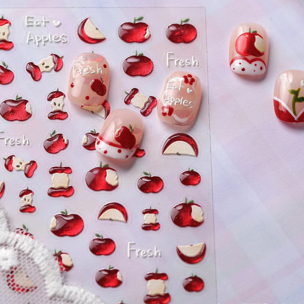 Brilhante geléia maçã vermelha arte do prego adesivos adorável dos desenhos animados fatias de maçã brilhante 5d bonito auto adesivo decoração manicure decalque diy