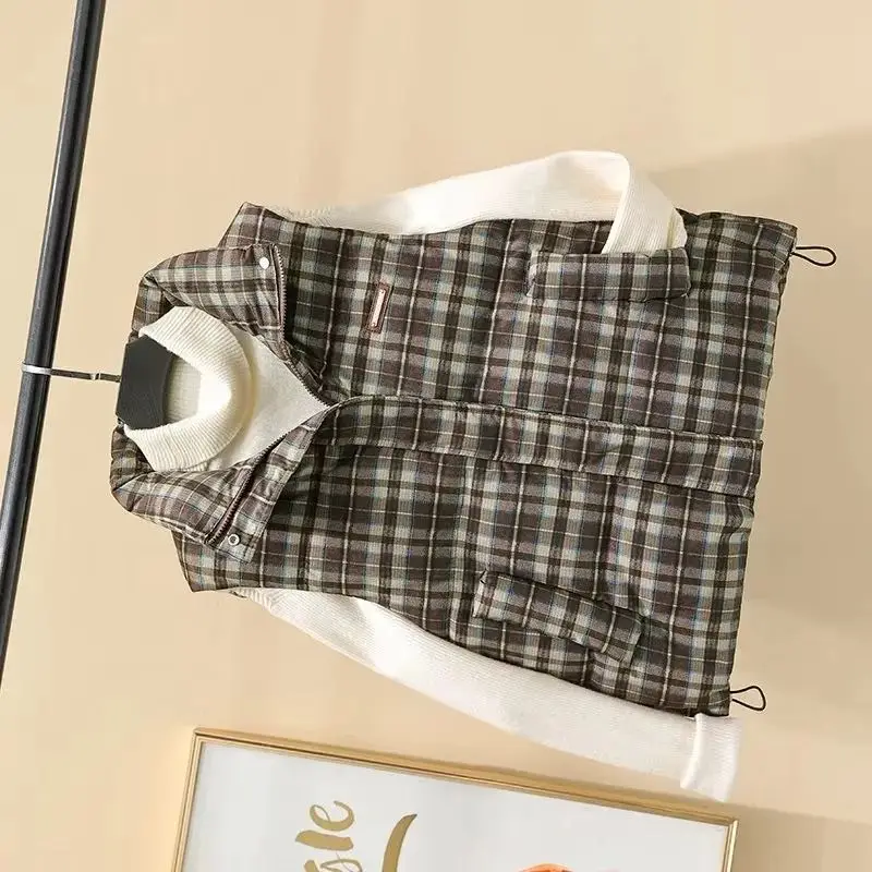 

New Autumn Winter Korean Sense Of Design Women Plaid Down Cotton Vest Short Jacket Stand Collar Sleeveless Waistcoat Female