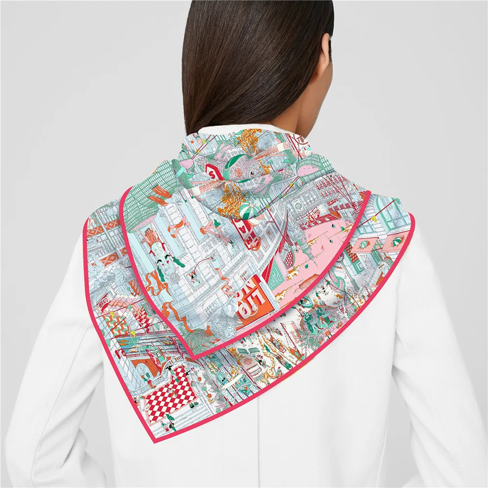 New 90CM Fashion Twill Silk Scarf for Women City of Paris Print Wraps Headband Shawl Stoles Hijab Lady Square Foulard Bandana image 4