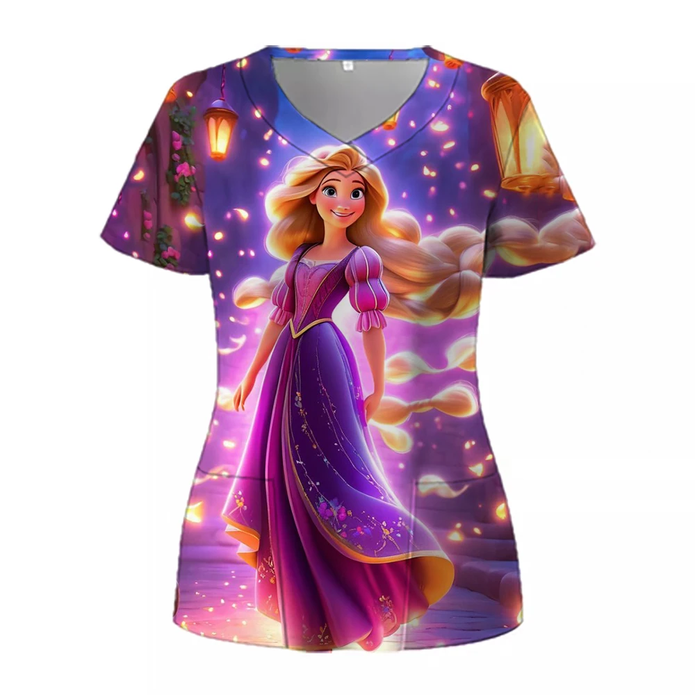 Women Working Uniform Disney Princess Print Frozen Elsa Short Sleeve V-neck Tops Femme Blouse Nurse work wear Medical Uniforms