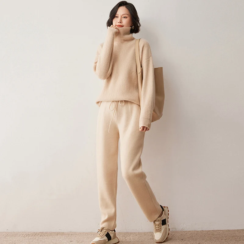 Women Autumn Winter 100% Goat Cashmere Turtleneck Pullover Sweater Soild Soft Light Luxury Loose Basic Versatile Knitted Tops