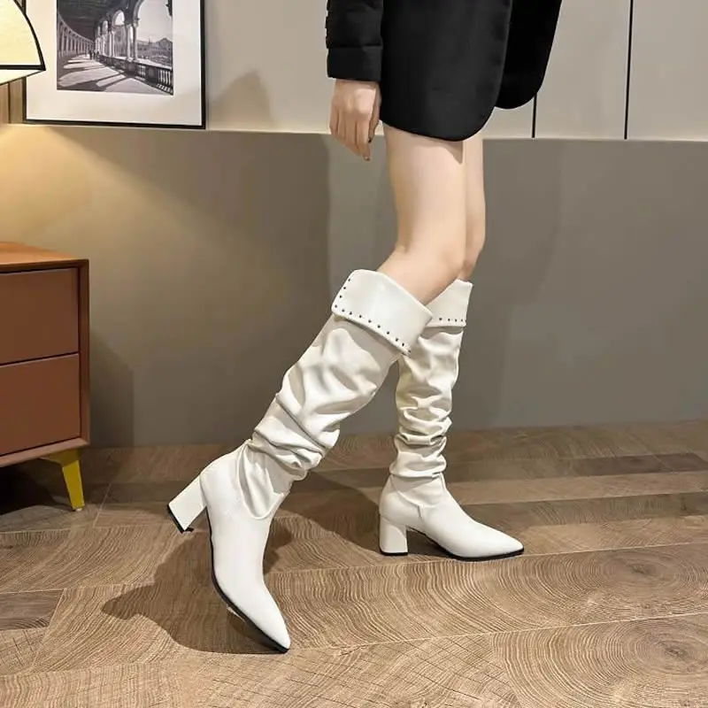 

2024 New Ladies Pointed Toe Pleated Women Boots Square Heel Solid Rivet Knee High Casual Comfortable Fashion Patry Women Shoes