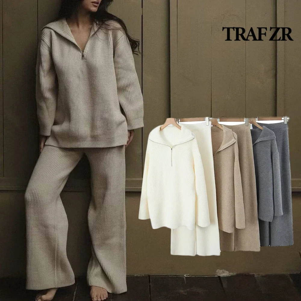 TRAF ZR Vintage Two-piece Pant Set Relaxation Loose Ensemble Femme 2 Piece Lapeled Knitted Pullover High Wasit Wide Leg Trousers