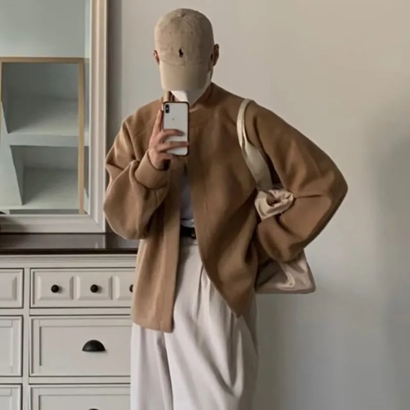 

Loose Fit Knitted Cardigan Jaet Men's round Ne Sweater Coat Korean Sle Faionable Japanese Sle Autumn Winter Outerwear