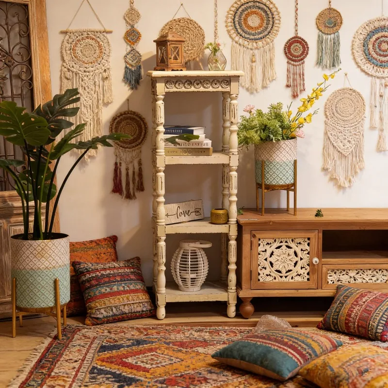 American retro old floor-to-ceiling solid wood Roman shelf cafe balcony study 3rd floor wooden storage rack cabinet