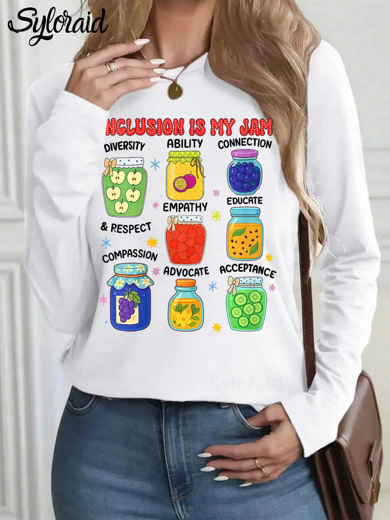

Women's Long Sleeve T Shirt Inclusion Is My Jam T Shirt Special Education Autism Teacher Shirt Fashion Round Neck Casual Top