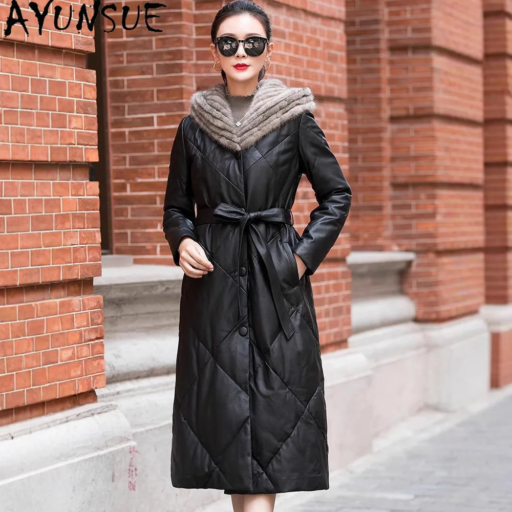 AYUNSUE 진짜 양피 정품 가죽 자켓 여성 겨울 의류 롱 스타일 다운 코트 여성 코트 후드 밍크 모피 칼라