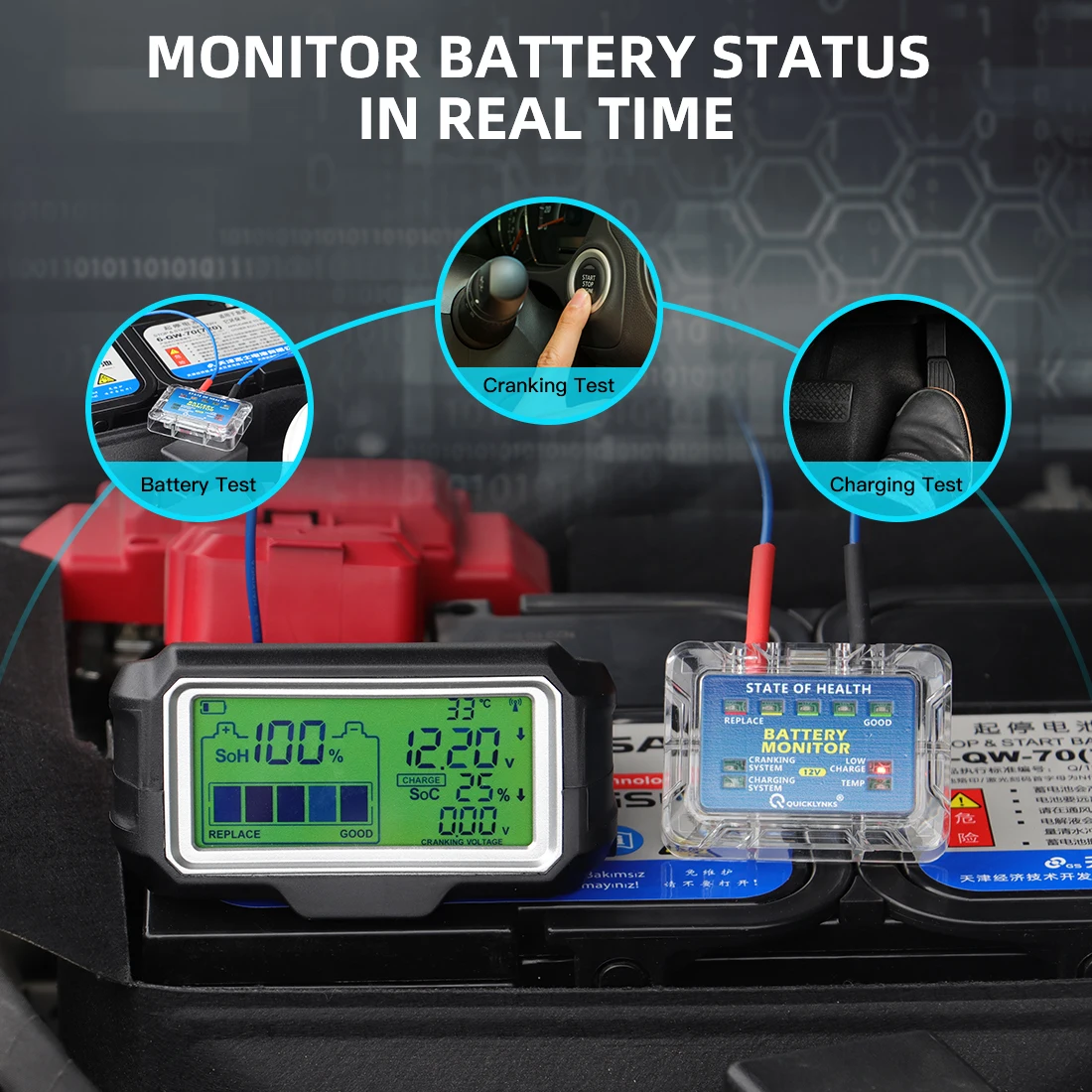 QUICKLYNKS BM5-D 12V LED Tester baterii Monitor wyświetlacz profesjonalna bateria SOH SOC analizator testowy ładowanie narzędzie do testowania