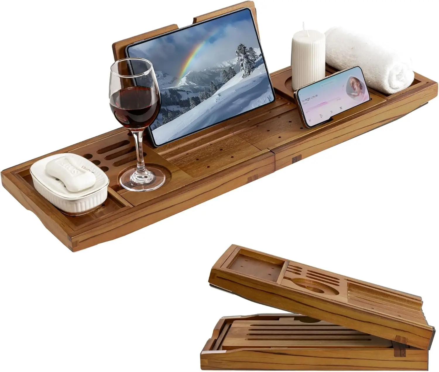 

Foldable Teak Bathtub Tray with Expandable Handles, Wine Glass & Phone Holder, Book Stand for Home Spa Relaxation