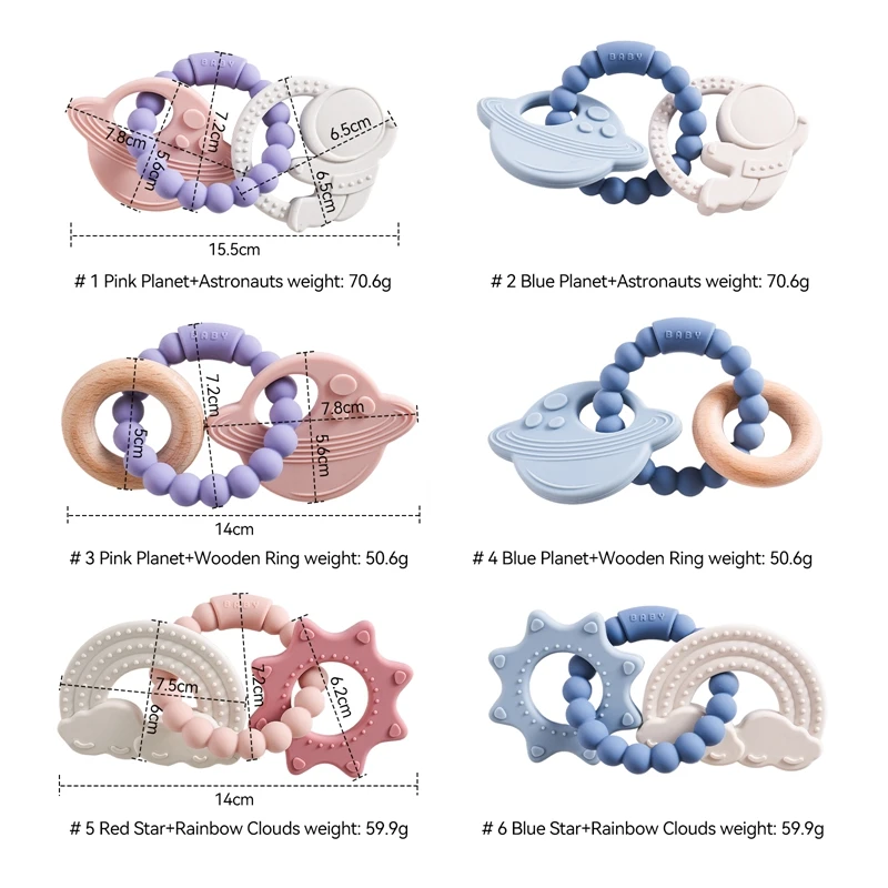 1 шт., Детское силиконовое кольцо Игрушки Teethere Силиконовые браслеты без бисфенола A Космонавты Teething Игрушки Деревянные кольца Уход за игрушками Teethere