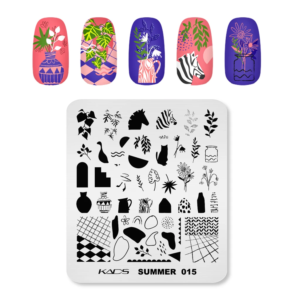 KADS – pochoir de manucure pour Nail Art, plaques d'estampage, Vase de fleurs, feuilles, chat, zèbre, outil, Image animale, modèles de timbres, été 015