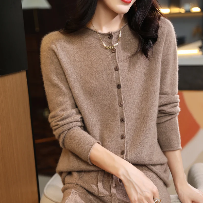 Korean Style Loose Sweater 100% Merino Wool Women\'s Knitted Cardigan Fashion Roll-up Long-sleeved Sweater Solid Color Warm