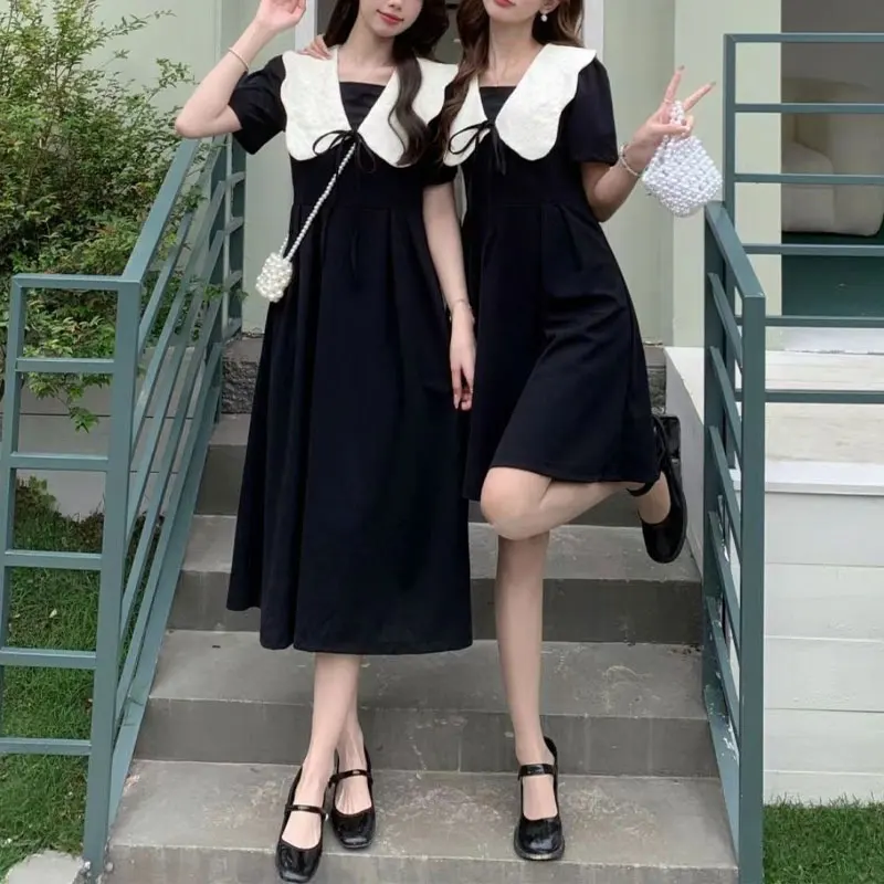 French Style Vintage Shorts Long Dress Summer New Doll Collar Ruffles Female Clothing Short Sleeve Elegant A-Line Waist Dresses