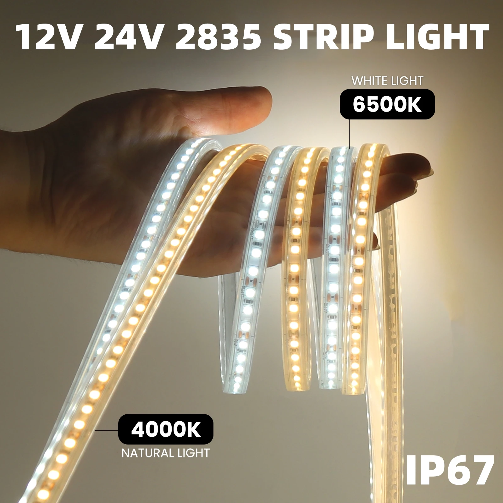 SMD2835 IP67 wodoodporny pasek LED DC 12V 24V elastyczny pasek girlanda żarówkowa 120LED/m taśma lampa wstążkowa zimny ciepły biały 4000K 6500K