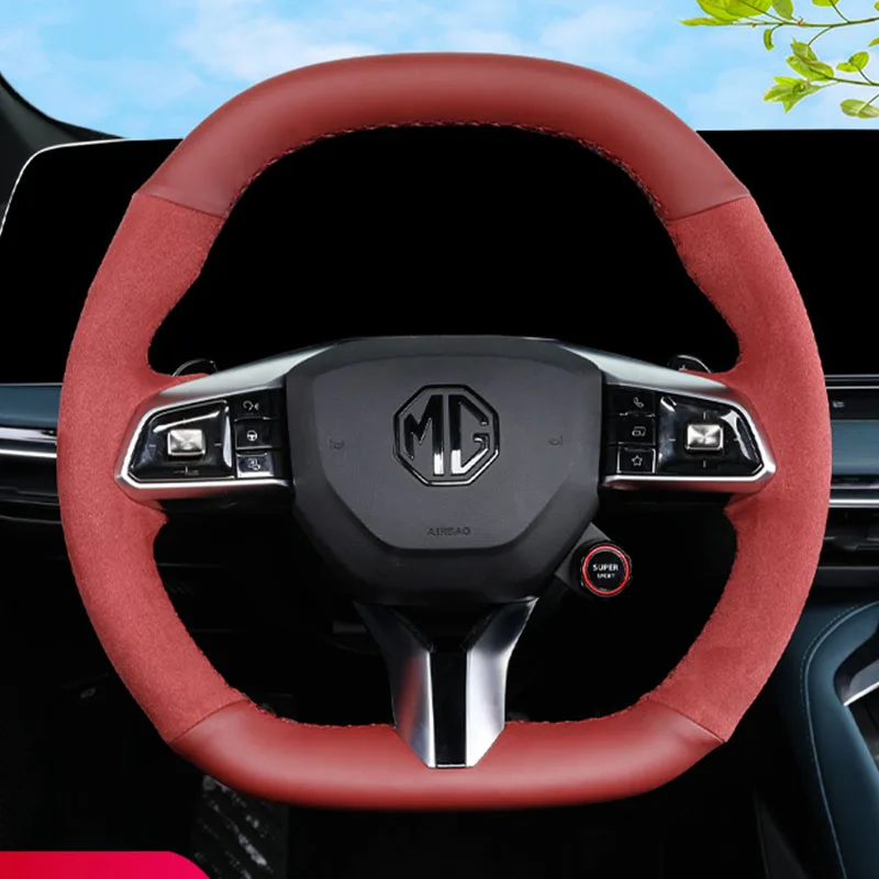 

DIY hand sewn Braid Car Steering Wheel Cover For MG7 2023 MG ONE 2022-2024 red ultrathin suede genuine leather Car Accessories