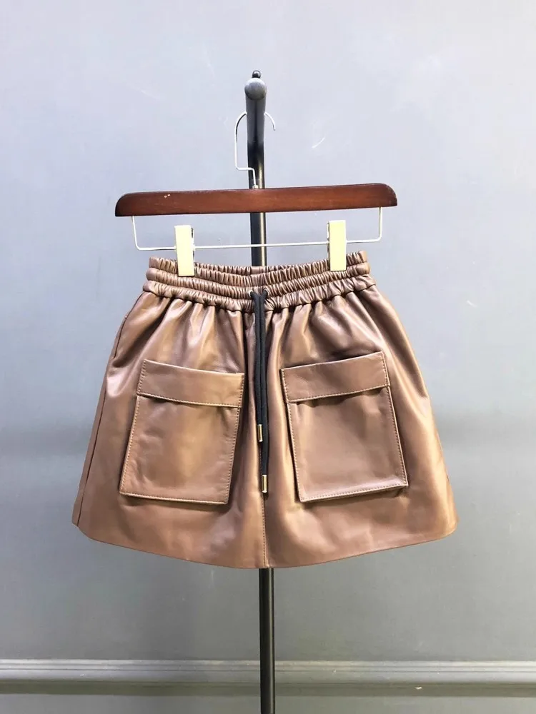 Novo outono natural pele de carneiro cintura elástica shorts saias a linha bolso perna larga casual acima do joelho mini saia de couro genuíno 4xl