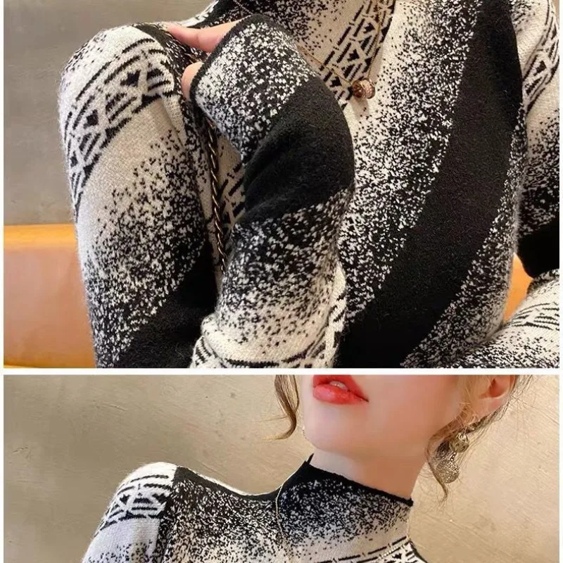 Autumn Winter Women's Pullover Turtleneck Geometric Flocked Screw Thread Long Sleeve Sweater Knitted Slim Fashion Casual Tops