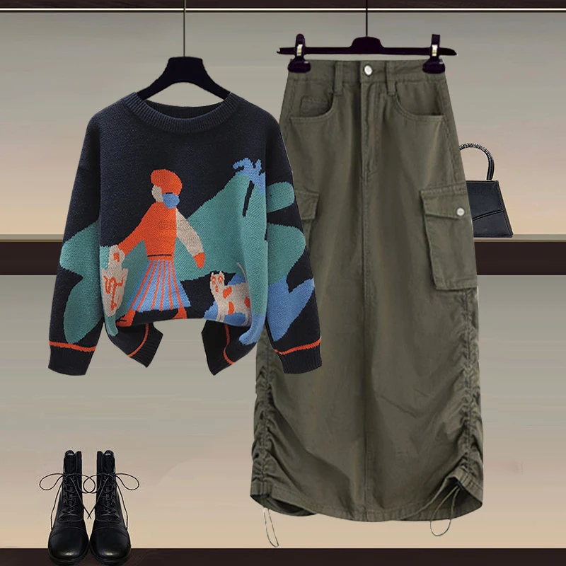 

Весенний вязаный свитер и рабочая юбка, женский комплект больших размеров, модный комплект из двух предметов с эффектом похудения, студенческий orm