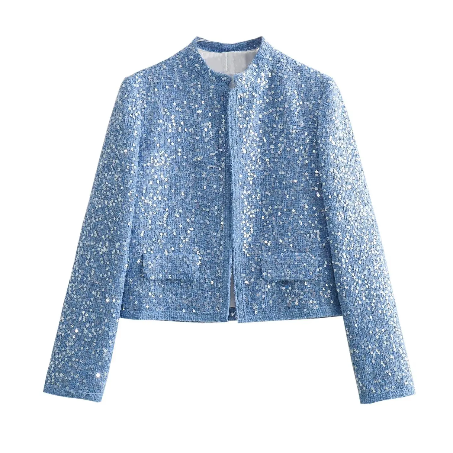 Cappotto di paillettes blu da donna di lusso 2024 nuova moda manica lunga autunno inverno girocollo giacca corta festa tuta sportiva femminile